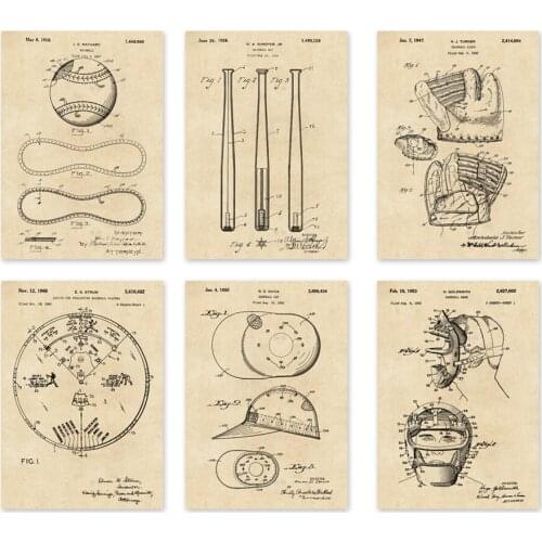 6 in 1 vintage patent art prints on baseball bat cap glove baseball mask wall decor unframed