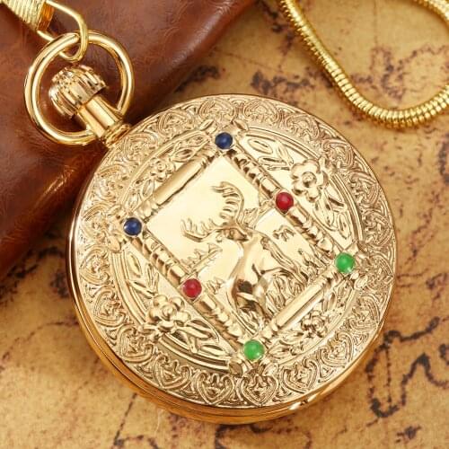 Noble Golden Pretty Elk Carved Automatic Mechanical Pocket Watch Double Open Design High End Dial Gold Pendant Necklace Women