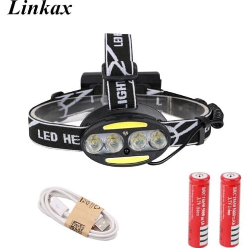 CREE 4* XM-L T6 +2*COB LED Induction Sensor LED Headlamp Headlight 5000 lumens USB Headtorch Camp Hike Emergency Light Outdoor