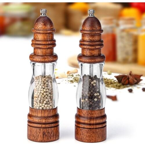 Wooden Salt And Pepper Grinder Manual Wood And Acrylic Spice Pepper Mill Adjustable Coarseness Ceramic Grinder BBQ Kitchen Tools
