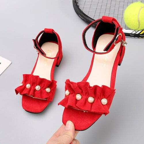 Kids Teens Girls Sandals Party Princess Shoes For Children Little Girls High-heeled School Beading Beach Sandals New Summer Red