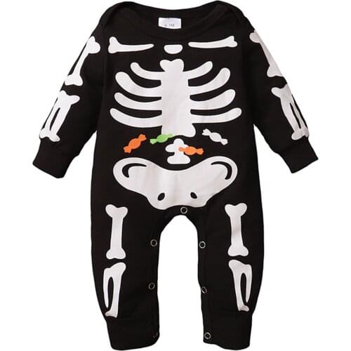 Newborn Baby Girls Boys Halloween Jumpsuit, Toddler Skeleton & Candy Print Long Sleeve Round Neck Romper