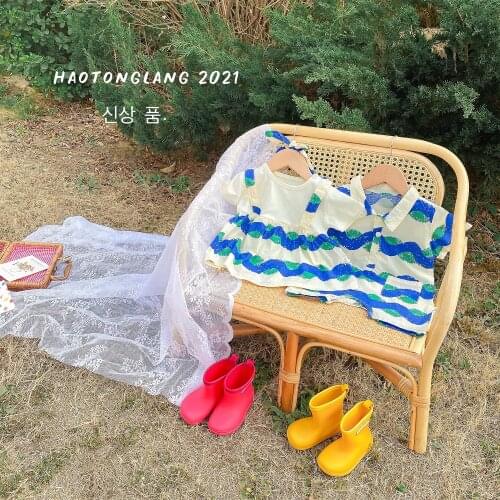 Children Creeping Suit Brother and Sister Kids Boy Wavy Lapel Short Creeping Girl Wave Short Sleeve Cute Dress Give Hair Band