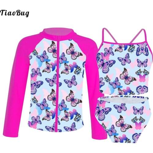 TiaoBug Summer 3Pcs Kids Girls Swimsuit Strap Sleeveless Top With Brief And Long Sleeves Front Zipper Closure Coat Set Swimwear
