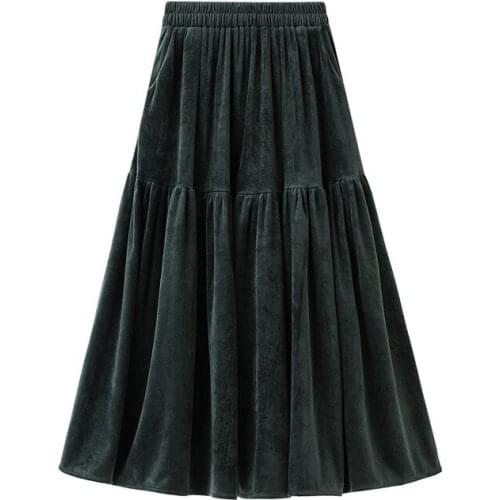 Women Ladies Midi Skirt Comforatable Elastic Waist Band Corduroy Skirt A Line Puffy Long Skirt