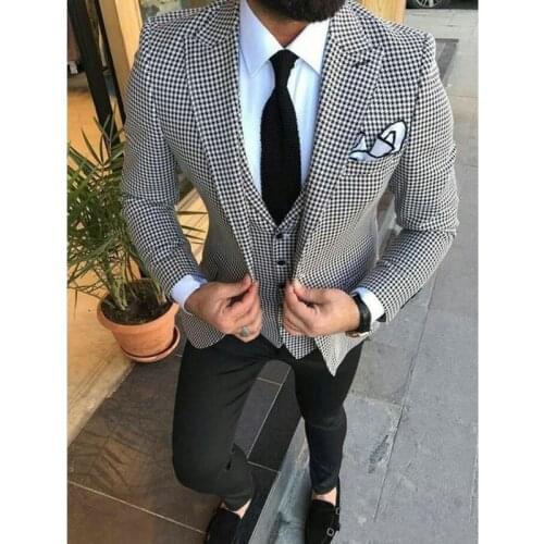 3 Piece Houndstooth Men Suit Slim Fit For Dinner Party Prom Tailor made Suit Groom Wedding Tuxedo Best Man Jacket Pants Vest