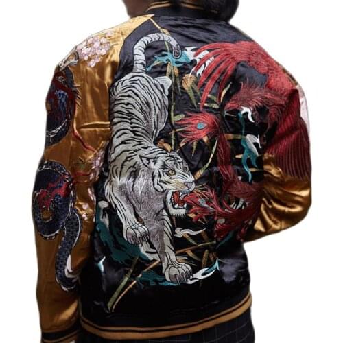 Yokosuka Streetwear Reversible Jackets Coats Black dragon White tiger Phoenix Suzaku Snake turtle Chinese mythical beasts New