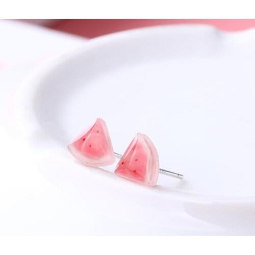 Cute sakura green leaf Fruit Ear Nail Summer Lovely pink Watermelon transparent resin Stud Earrings Jewelry For Women Girl