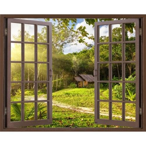Free shipping 3D Effect Window Wall Sticker Forest Cottage Scenery Vinyl Decal Decor Mural Wall Sticker Home Decor Gift