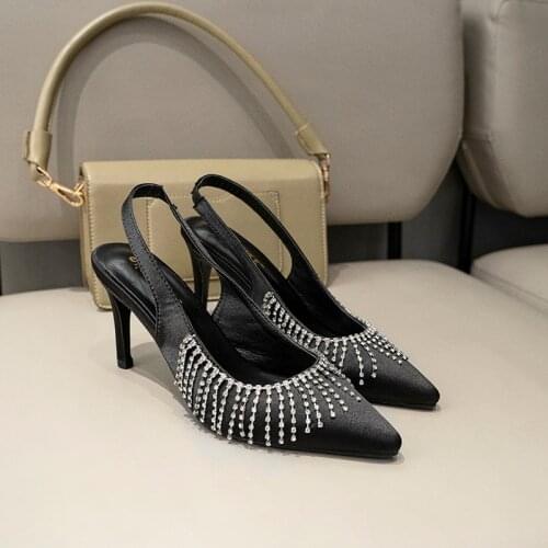 New Women Satin Front Rhinestone Tassels High Heel Sandals Black Stiletto Slip On Elastic Slingback Ankle Strap 8CM Pump Shoes