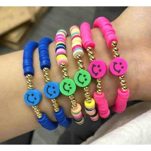New design red green blue smile happy face charm soft pottery brass beades handmade elastic bracelet for women