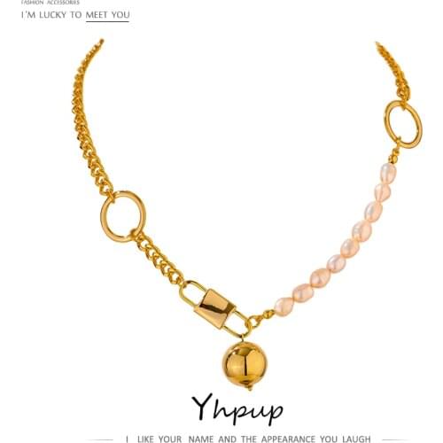Yhpup Occident Lock Ball Pendant Necklace Luxury Natural Pearl Jewelry Trendy Metal Temperament Choker Necklace for Women Gift