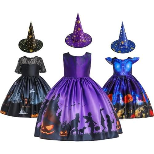 Girls Princess Dresses Halloween Black Dress Witch Tutu Costume Kids Party Clothing Children Pumpkin Printed Halloween Costume