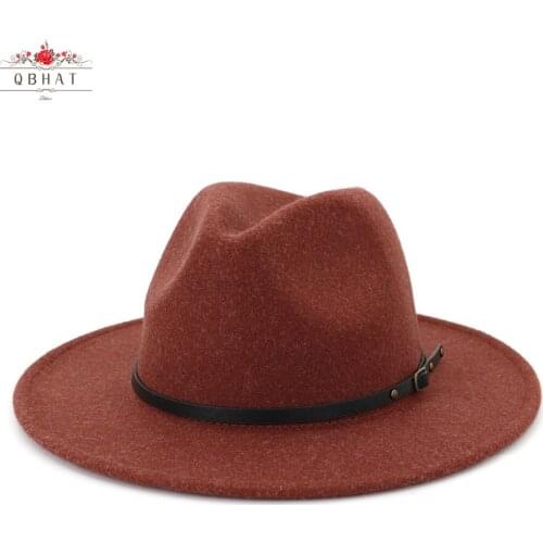 QBHAT Wholesale Vintage Wide Brim Wool Felt Fedora Hats with Belt Buckle Men Woman Panama Cap Jazz Trilby Party Formal Hat