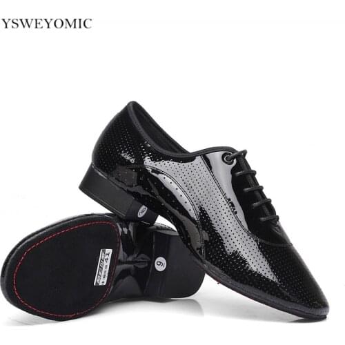 Split Suede Outsole Men Latin Ballroom Dance Shoes Real Leather Black Shiny Standard Ballroom Latin Bachata Dance Shoes M-003