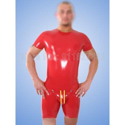 Handmade Latex Mens Bodysuits With Codpiece Fetish Short Sleeves Red Short Pants Sleeveless Catsuit