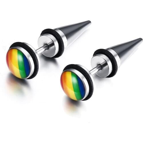 Gay Lesbian Rainbow Pride Ear Stud Plugs in Stainless Steel - Paired Item
