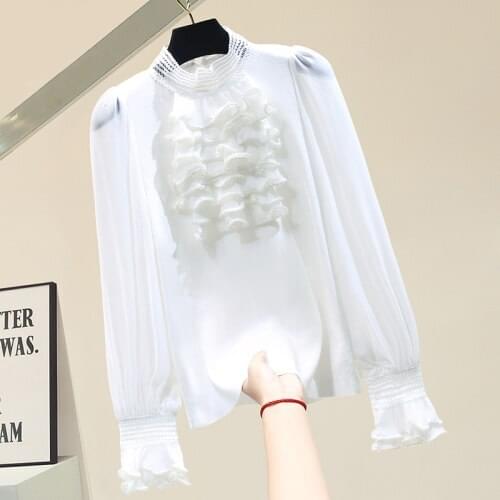 Mesh Flare Long Sleeve Knit Shirt Elegant Womens Tops Ruffled Stand Collar Lady All-match Slim Blouse Blusa Mujer White Black