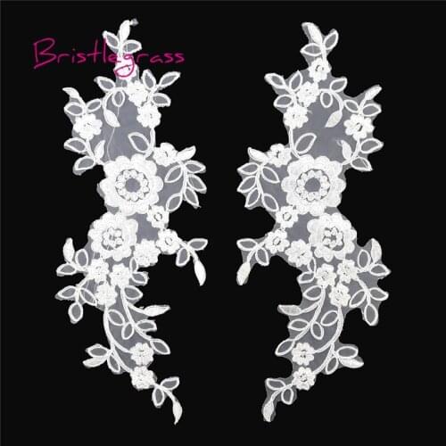 BRISTLEGRASS 1 Pair Off White Embroidered Flower Vine Applique Patches Tulle Mesh Lace Trims Bridal Wedding Dress Costume Sewing