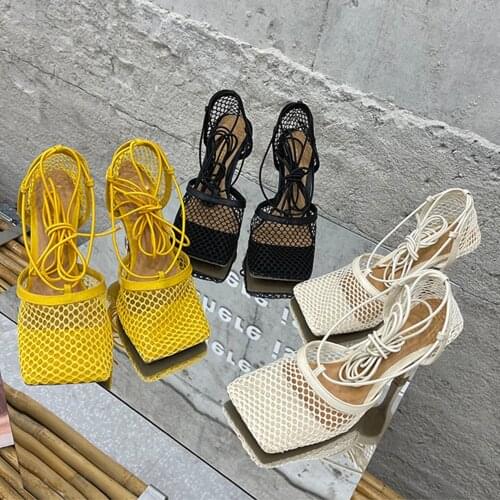 Termainoov Women Pumps Heels Big Size Fashion Square Lace Up Ankle Strap Cross-tied Stiletto Party Shoe Hollow Out Dress Shoes