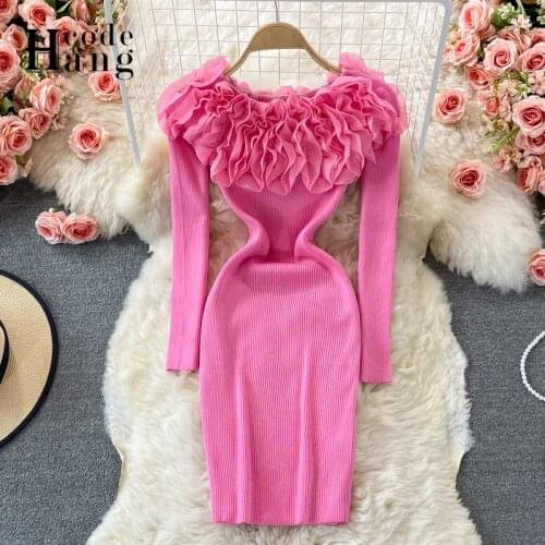HangCode 2021 Knitted Bodycon Dress Women Fashion Flower Decoration Off Shoulder Long Sleeve Sexy Package Hips Mini Dress Cloth