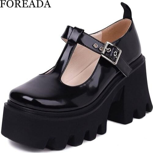 FOREADA T-strap Shoes Woman Platform High Block Heels Pumps Buckle Strap Square Toe Ladies Footwear Gothic JK Uniform Pumps 43