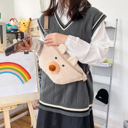 Japanese Cartoon Soft Waist Bag Kawaii Fashion Wool Bear Chest Bag Pure Color Casual Travel Phone Bag Cute 3D Animal Banana Bag