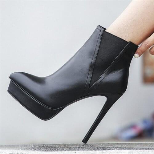 Punk Goth Womens Sexy Cow Leather Pointed Toe Ankle Boots Stiletto High Heels Platform Pumps 34 35 36 37 38 39 40 41