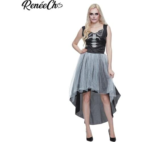 Reneecho Women Skeleton Costume Sleeveless Fancy Dress For Carnival Party Horror Halloween Costume For Adult
