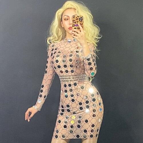 Silver Mirror Rhinestones Transparent Short Dress Birthday Celebrate Rave Clothes Prom Wear Women Singer Show Dresses DNV13303