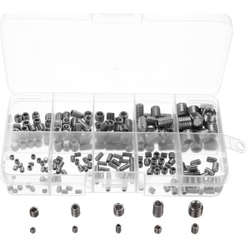 220pcs Different Sizes Stainless Steel Hex Grub Screw Kit Durable Hex Head Socket Hex Grub Screw Assorted Point Cup Set