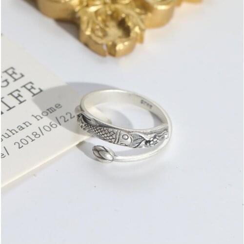925 Sterling Silver Lotus Buddhism Fish Adjustable Ring Women Gift A3364