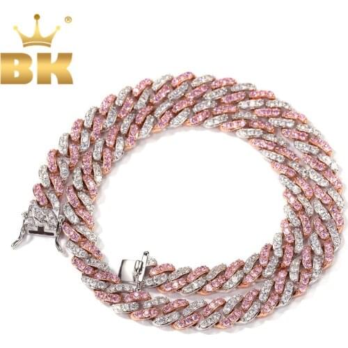 THE BLING KING 9mm Iced Out Women Choker Necklace RoseGold Cuban Link With White &Pink Blue Cubic Zirconia Chain Hiphop Jewelry