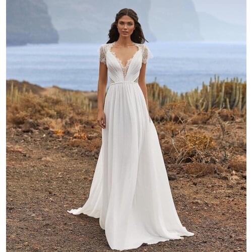 Long Elegant Wedding Dress 2021 Boho Chiffon Lace Cap Sleeve Bridal Bride Gown robe de mariée Bohemian Beach White Ivory Custom