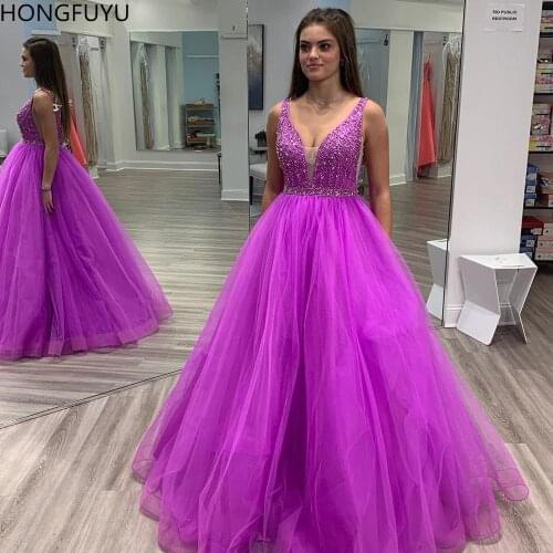 HONGFUYU Vestidos De Gala Tulle Prom Dresses Illusion Deep V-neck Prom Gowns Vestido Formatura Dress Robe De Soiree with Beading