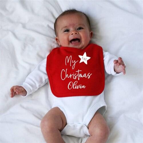Personalized First Christmas Baby Bibs Custom Name Baby Christmas Party Accessory Kids Gifs of Celebrating First Christmas