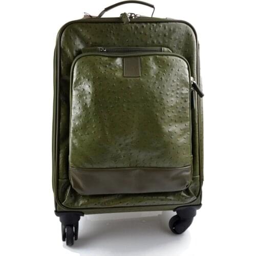 Leather trolley green travel bag weekender overnight leather bag with 4 wheels leather cabin luggage airplane bag
