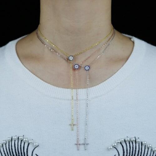 2021 New Arrive evil eye cross Y lariat fashion necklace gold color blue white clear cubic zirconia cz turkish lucky jewelry