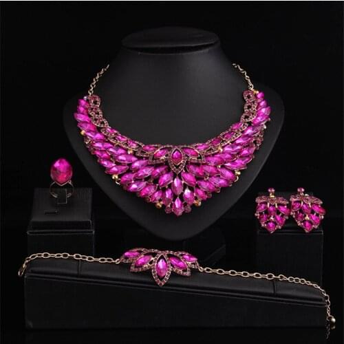 Fashion Rhinestone Crystal Choker Necklace For Women Statement Necklaces Earring Bracelet Ring Collar Boho Jewelry Sets 4 Colors