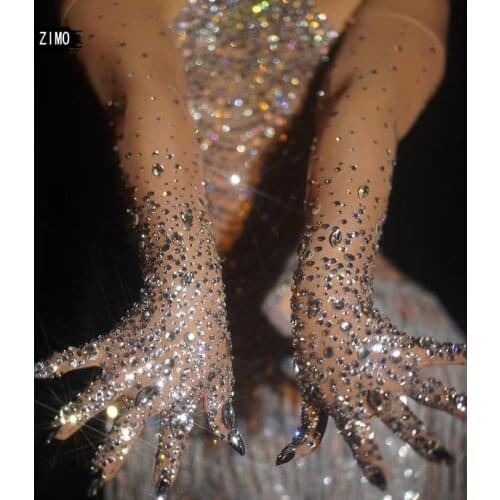 Fashion long gloves print crystal designer rhinestone diamond women accessories rave festival nightclub Dancer stage show singer