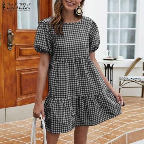 Fashion Plaid Mini Dresses Womens Summer Sundress 2021 ZANZEA Puff Sleeve Short Vestido Female New O Neck Robe Femme Oversized