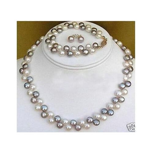 Nobility Quartz crystal 2 rows Black White pearl necklace bracelet earring Grad Plated