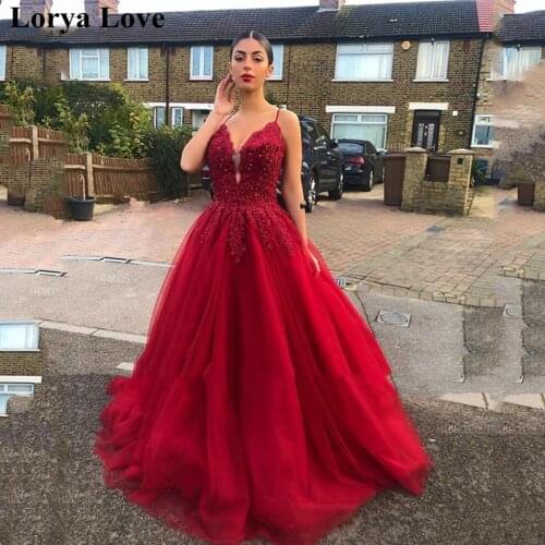 Red Prom Dresses 2020 Women Party Night Long Vestidos De Gala Lace Appliques Flowers Evening Gowns A-Line Sequins Robe De Soiree