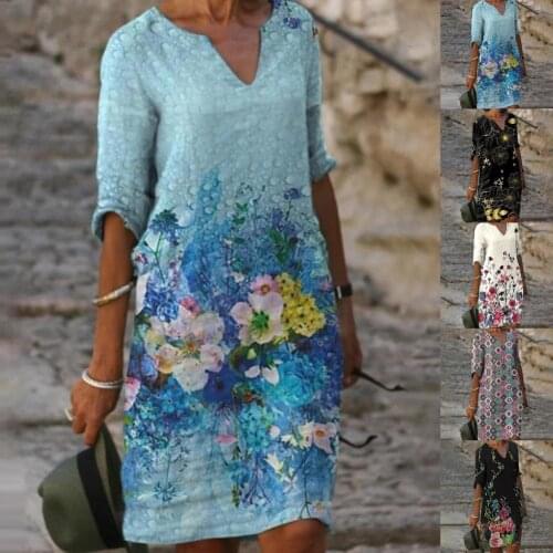 Summer Party Short Dress Women Casual Short Sleeve Women Dress Floral Print V Neck Summer Half Sleeve Loose Dress for Beach