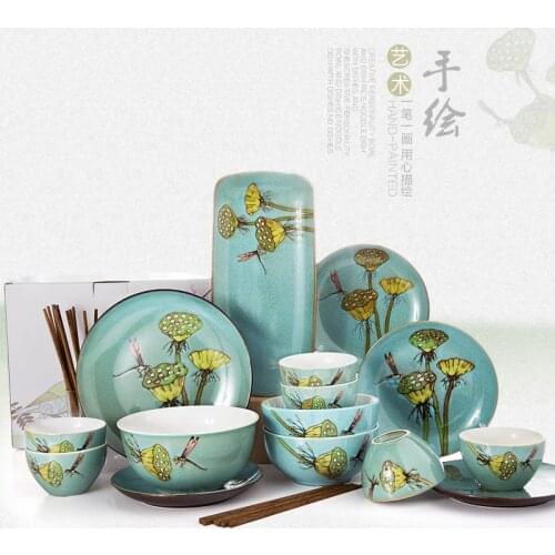 6 peoples meals 25 pieces of hand-painted ceramic tableware set creative personality Chinese household dishes chopsticks wedd