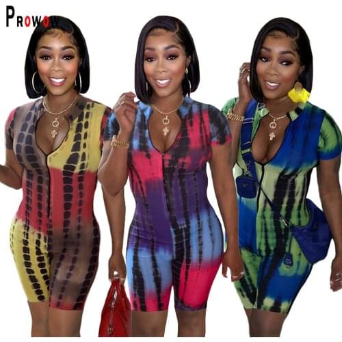 Prowow Women Summer Playsuits Fashion Tie Dye Print Bodycon Streetwear Zipper Short Sleeve Romper New Casual Female Jumpsuits