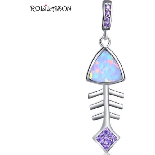 ROLILASON New Fish Bones Charm Pendant Purple Crystal White Opal Silver Pendant Fashion Jewelry OPS717