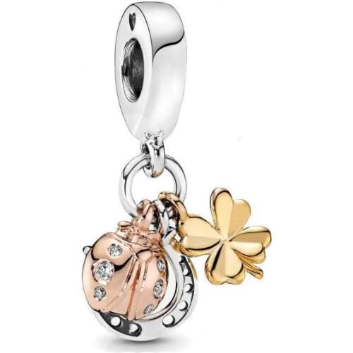 High quality 925 sterling silver ladybug four-leaf clover Dangle Charm fit pandora bracelet woman jewelry bead pendant making