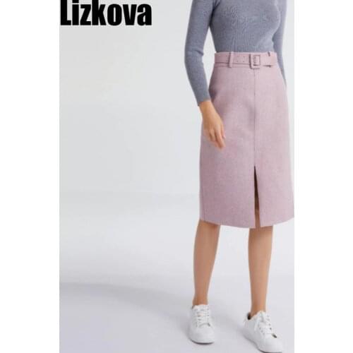Lizkova Pink Pencil Skirt Winter 2020 Women High Waist Split Faldas With Belt Elegant Official Ladies Jupes 2810