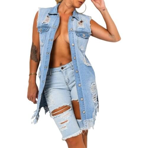 Puloru Women Summer Sleeveless Jeans Coats Summer Holes Ripped Denim Turn-Down Collar Single-Breasted Waistcoat with Tassels